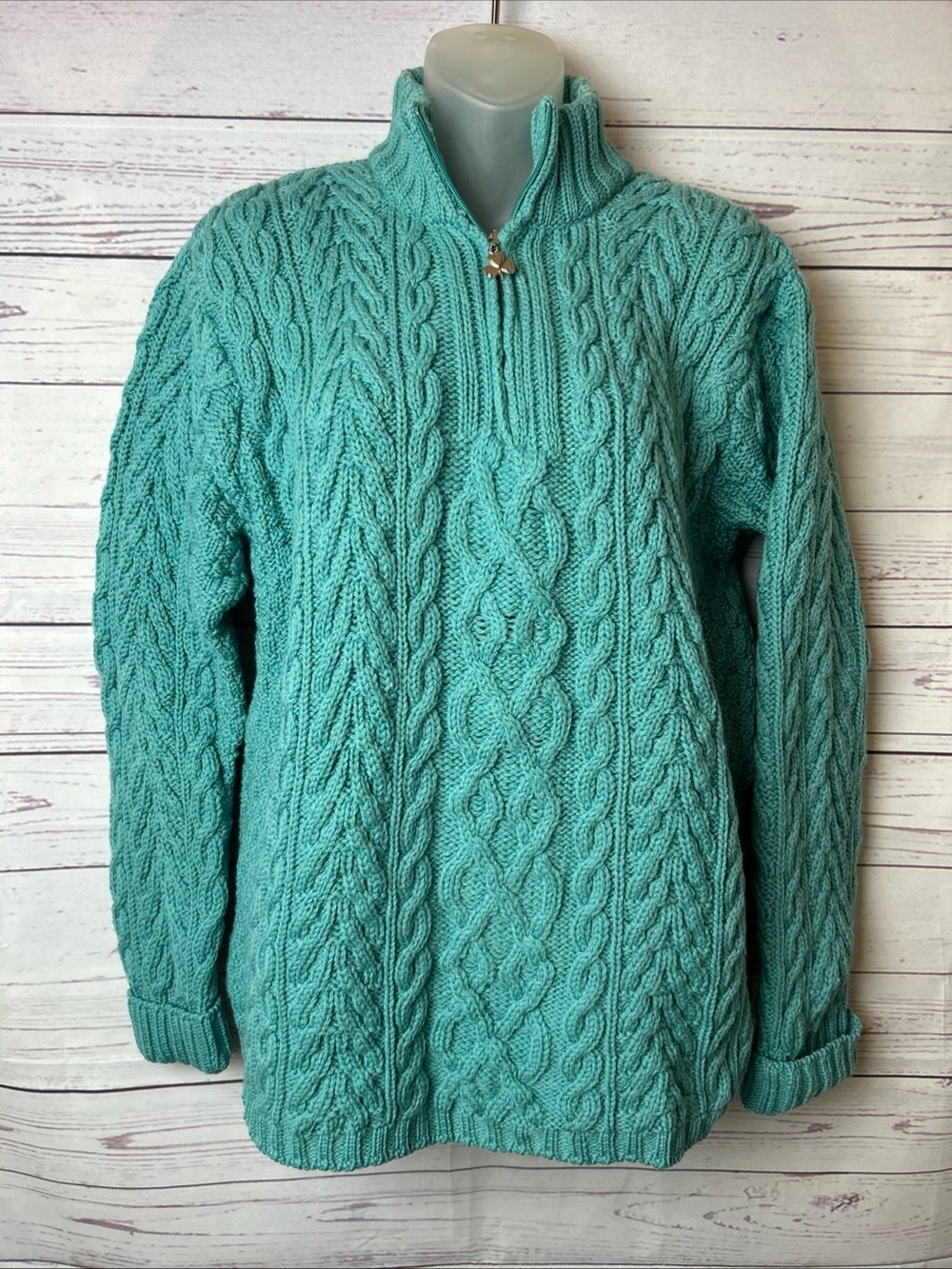 Aran Crafts Ireland Green Merino Wool Cable Knit Quarter Zip Sweater Shamrock L